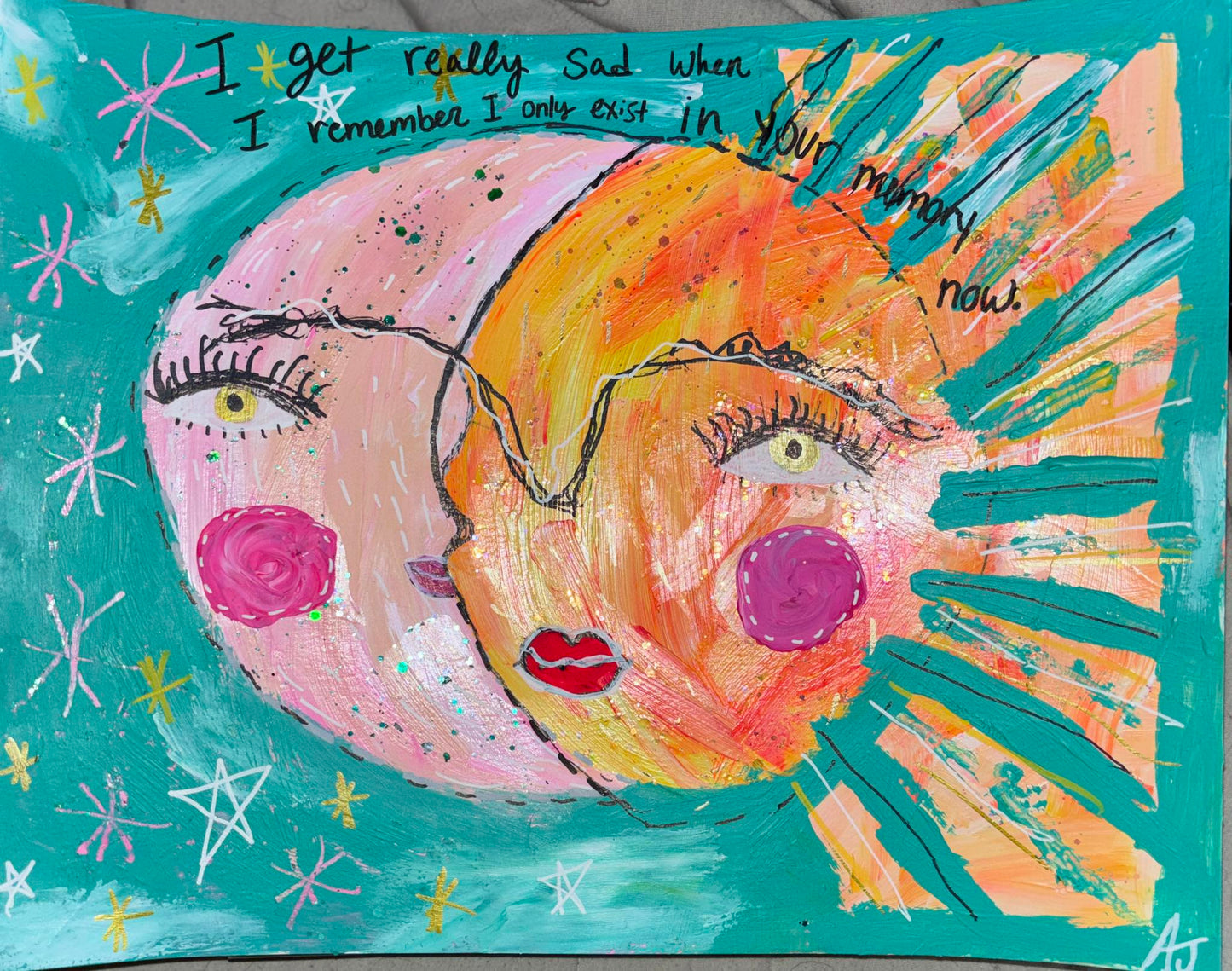 "I get really sad when I remember I only exist in your memory now (miss you, moon girl)" - ORIGINAL 11"x14" mixed media on paper