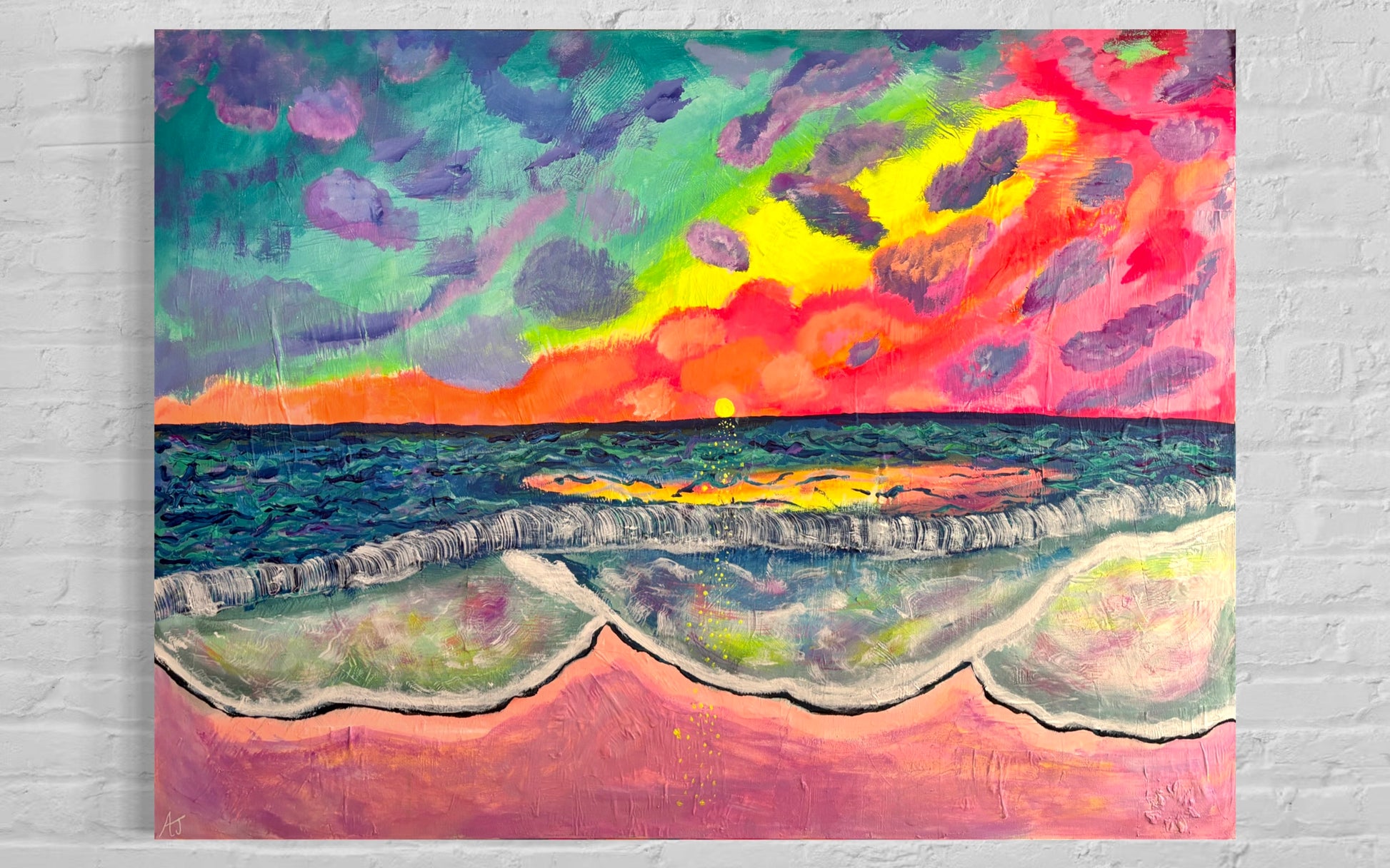Colorful abstract painting of a beach scene with waves and sky.