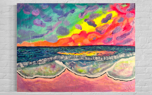 Colorful abstract painting of a beach scene with waves and sky.